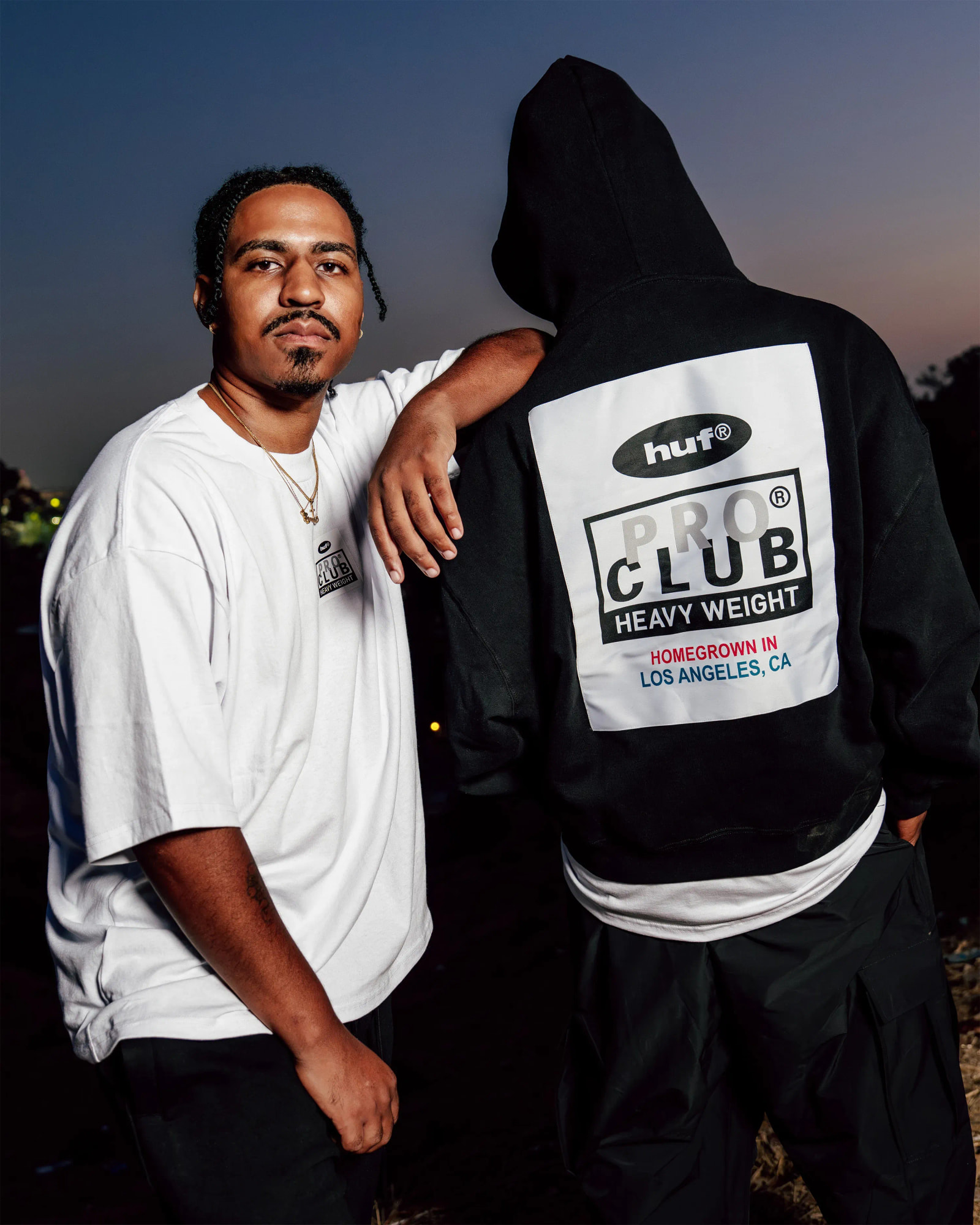 two men in proclub X HUF jacket back side & tee