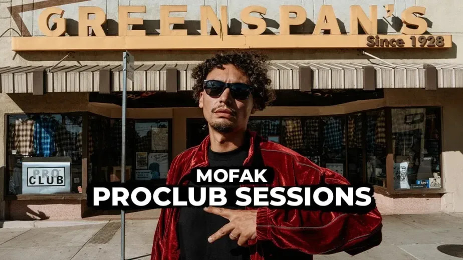 MOFAK in a red flannel outside Greenspan's for a Pro Club Sessions event