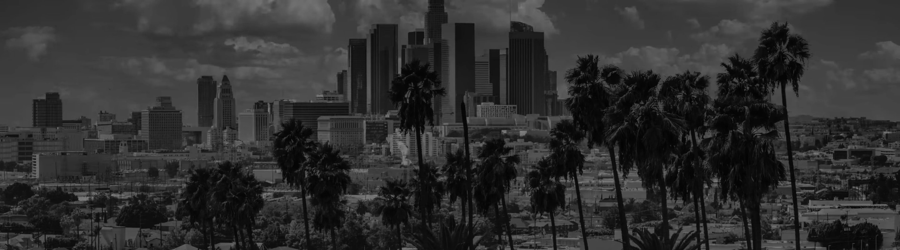 Black-and-white downtown Los Angeles skyline with palm trees