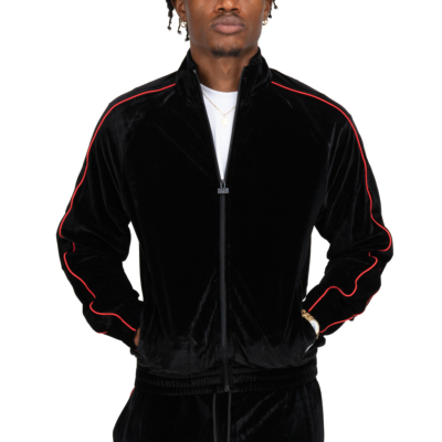 Men&#039;s Comfort Velour Track Jacket-Black/Red-Small