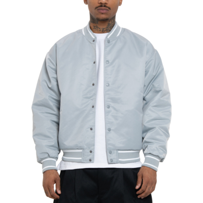 Comfort Wide Satin Baseball Jacket-Silver-Small