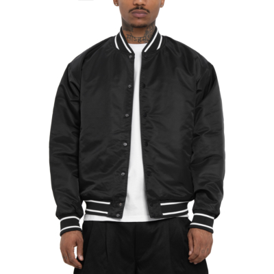 Comfort Wide Satin Baseball Jacket-Black-Small